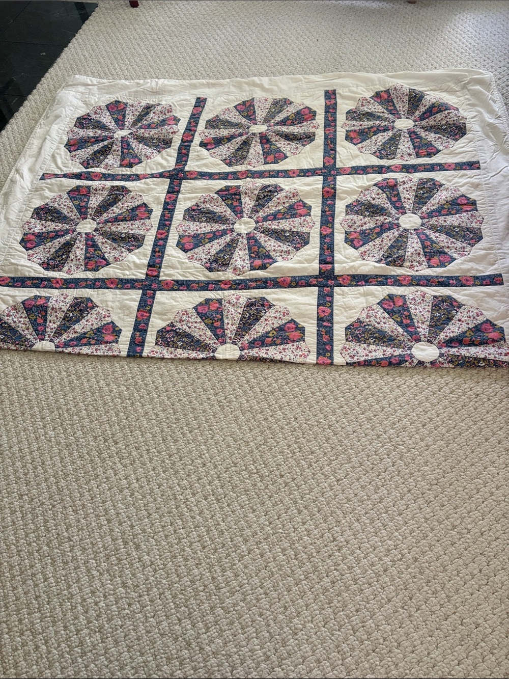 Pure cotton Floral Patchwork Quilt off White with Pink & Navy Accents. Twin